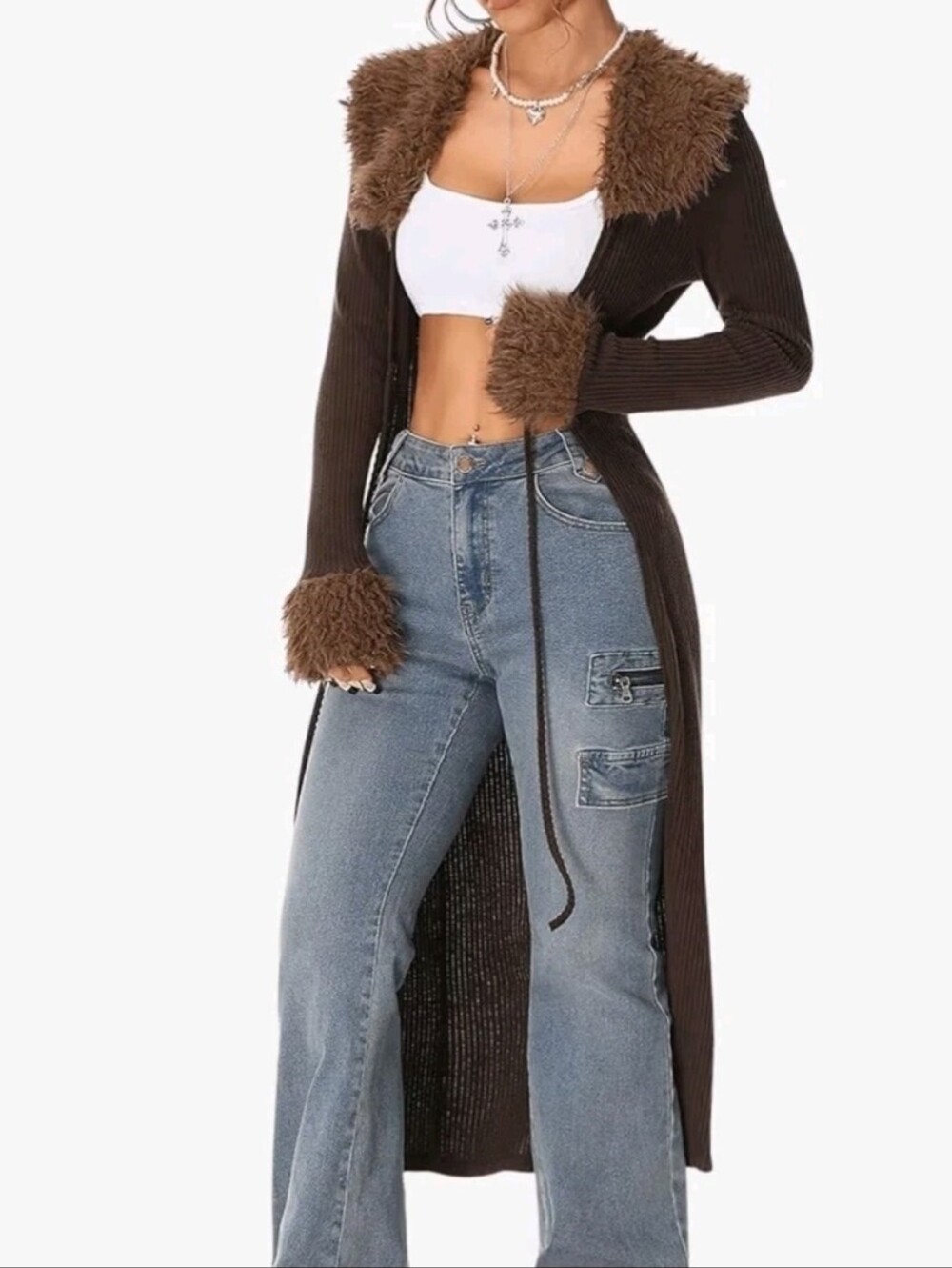 Long Duster Cardigan Chocolate Brown Faux Fur Trim Tie Front Ribbed Knit Baddie